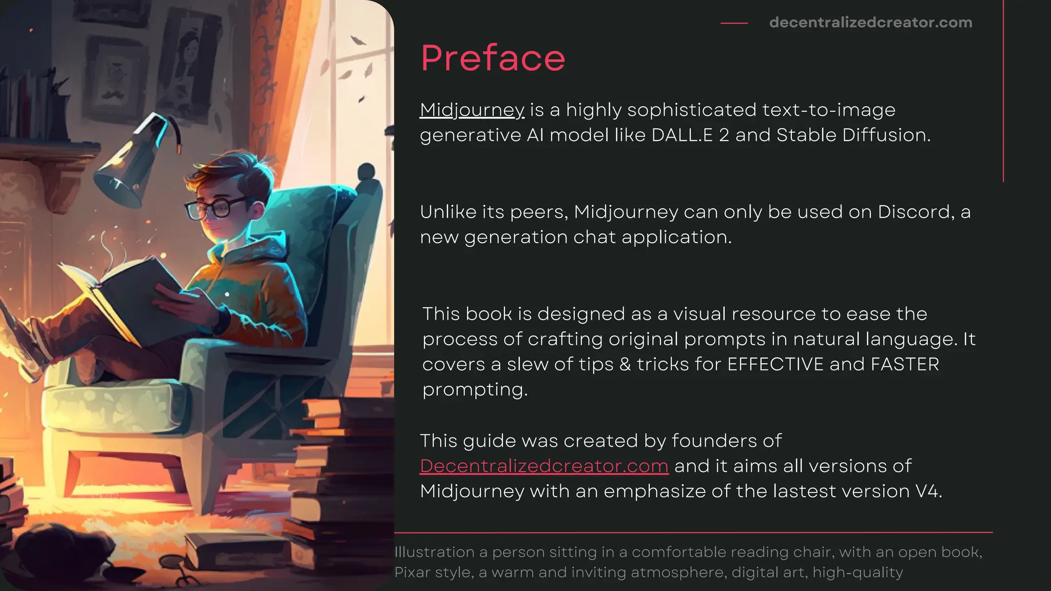 decentralizedcreator.com
Preface
Midjourney is a highly sophisticated text-to-image
generative AI model like DALL.E 2 and Stable Diffusion.
Illustration a person sitting in a comfortable reading chair, with an open book,
Pixar style, a warm and inviting atmosphere, digital art, high-quality
Unlike its peers, Midjourney can only be used on Discord, a
new generation chat application.
This book is designed as a visual resource to ease the
process of crafting original prompts in natural language. It
covers a slew of tips & tricks for EFFECTIVE and FASTER
prompting.
This guide was created by founders of
Decentralizedcreator.com and it aims all versions of
Midjourney with an emphasize of the lastest version V4.
 