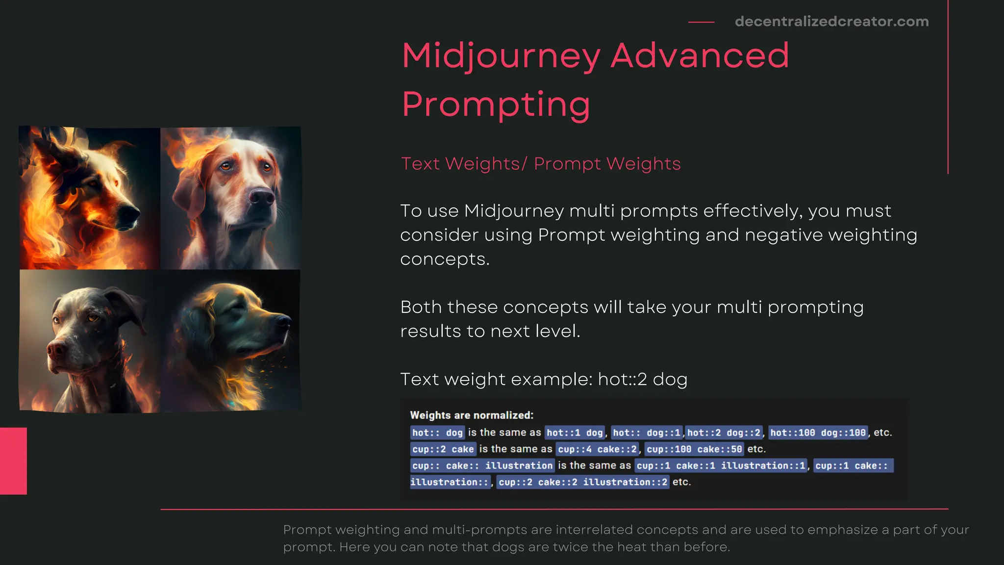 decentralizedcreator.com
Midjourney Advanced
Prompting
To use Midjourney multi prompts effectively, you must
consider using Prompt weighting and negative weighting
concepts.
Both these concepts will take your multi prompting
results to next level.
Text weight example: hot::2 dog
Text Weights/ Prompt Weights
Prompt weighting and multi-prompts are interrelated concepts and are used to emphasize a part of your
prompt. Here you can note that dogs are twice the heat than before.
 