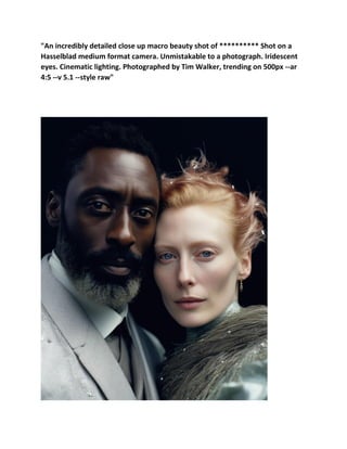 "An incredibly detailed close up macro beauty shot of ********** Shot on a
Hasselblad medium format camera. Unmistakable to a photograph. Iridescent
eyes. Cinematic lighting. Photographed by Tim Walker, trending on 500px --ar
4:5 --v 5.1 --style raw"
 