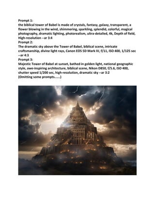 Prompt 1:
the biblical tower of Babel is made of crystals, fantasy, galaxy, transparent, a
flower blowing in the wind, shimmering, sparkling, splendid, colorful, magical
photography, dramatic lighting, photorealism, ultra-detailed, 4k, Depth of field,
High-resolution --ar 3:4
Prompt 2:
The dramatic sky above the Tower of Babel, biblical scene, intricate
craftsmanship, divine light rays, Canon EOS 5D Mark IV, f/11, ISO 400, 1/125 sec
--ar 4:3
Prompt 3:
Majestic Tower of Babel at sunset, bathed in golden light, national geographic
style, awe-inspiring architecture, biblical scene, Nikon D850, f/5.6, ISO 400,
shutter speed 1/200 sec, high-resolution, dramatic sky --ar 3:2
(Omitting some prompts......)
 