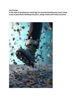 Key Prompt:
in the stlye of {anything you want} legs for wearing {anything your want } shoes
made of pixel blocks breaking into pieces ,design studio with smoke and wind
 
