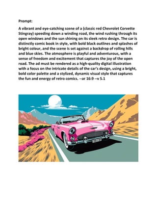 Prompt:
A vibrant and eye-catching scene of a (classic red Chevrolet Corvette
Stingray) speeding down a winding road, the wind rushing through its
open windows and the sun shining on its sleek retro design. The car is
distinctly comic book in style, with bold black outlines and splashes of
bright colour, and the scene is set against a backdrop of rolling hills
and blue skies. The atmosphere is playful and adventurous, with a
sense of freedom and excitement that captures the joy of the open
road. The ad must be rendered as a high-quality digital illustration
with a focus on the intricate details of the car's design, using a bright,
bold color palette and a stylized, dynamic visual style that captures
the fun and energy of retro comics. --ar 16:9 --v 5.1
 