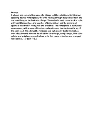 Prompt:
A vibrant and eye-catching scene of a (classic red Chevrolet Corvette Stingray)
speeding down a winding road, the wind rushing through its open windows and
the sun shining on its sleek retro design. The car is distinctly comic book in style,
with bold black outlines and splashes of bright colour, and the scene is set
against a backdrop of rolling hills and blue skies. The atmosphere is playful and
adventurous, with a sense of freedom and excitement that captures the joy of
the open road. The ad must be rendered as a high-quality digital illustration
with a focus on the intricate details of the car's design, using a bright, bold color
palette and a stylized, dynamic visual style that captures the fun and energy of
retro comics. --ar 16:9 --v 5.1
 