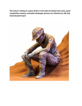 The statue is sitting on a piece of dirt, in the style of striated resin veins, panel
composition mastery, australian landscape, process art, airbrush art, 32k uhd,
textured paint layers
 