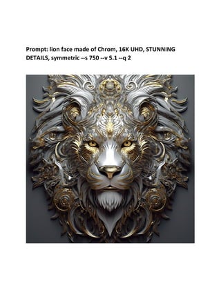Prompt: lion face made of Chrom, 16K UHD, STUNNING
DETAILS, symmetric --s 750 --v 5.1 --q 2
 