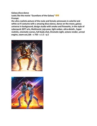 Galaxy disco dance
Looks like the movie "Guardians of the Galaxy"
Prompt:
the ultra realistic picture of the male and female astronauts in colorful and
white sci-fi costume with a amazing disco dance, dance on the moon, galaxy
universe in background, design studio with smoke and fireworks, in the style of
cyberpunk 2077 arts, Multiracial, jojo pose, light amber, ultra-details , hyper
realistic, cinematic scenes, full-body shot, Dramatic Light, octane render, unreal
engine, zoom out,16k --s 750 --c 1.5 --q 2
 