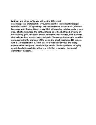 (without and with a suffix, you will see the difference)
dreamscape in a photorealistic style, reminiscent of the surreal landscapes
found in Salvador Dali's paintings. The content should include a vast, ethereal
landscape with floating islands, a sky filled with swirling nebulae, and a ground
made of reflective glass. The lighting should be soft and diffused, creating an
otherworldly glow. The colors should be vibrant and saturated, with a palette
that includes deep purples, blues, and pinks. The composition should be wide-
angle, capturing the grandeur of the scene. Use a high-resolution 16k camera
with a 16:9 aspect ratio, a 24mm lens for a wide field of view, and a long
exposure time to capture the subtle light details. The image should be highly
detailed and ultra-realistic, with a raw style that emphasizes the surreal
elements of the scene.
 