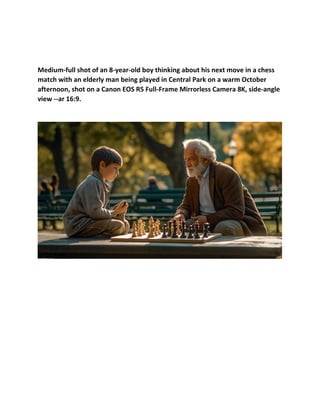Medium-full shot of an 8-year-old boy thinking about his next move in a chess
match with an elderly man being played in Central Park on a warm October
afternoon, shot on a Canon EOS R5 Full-Frame Mirrorless Camera 8K, side-angle
view --ar 16:9.
 