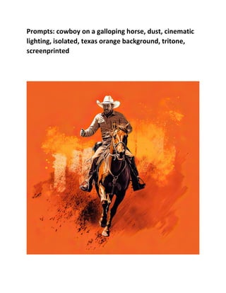 Prompts: cowboy on a galloping horse, dust, cinematic
lighting, isolated, texas orange background, tritone,
screenprinted
 