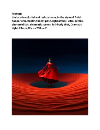 Prompt:
the lady in colorful and red costume, in the style of Anish
Kapoor arts, floating ballet pose, light amber, ultra-details,
photorealistic, cinematic scenes, full-body shot, Dramatic
Light, 24mm,32k --s 750 --c 2
 