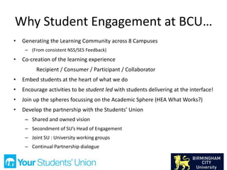Why Student Engagement at BCU…
• Generating the Learning Community across 8 Campuses
– (From consistent NSS/SES Feedback)
• Co-creation of the learning experience
Recipient / Consumer / Participant / Collaborator
• Embed students at the heart of what we do
• Encourage activities to be student led with students delivering at the interface!
• Join up the spheres focussing on the Academic Sphere (HEA What Works?)
• Develop the partnership with the Students’ Union
– Shared and owned vision
– Secondment of SU’s Head of Engagement
– Joint SU : University working groups
– Continual Partnership dialogue
 