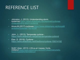 REFERENCE LIST
• Johnston, J. (2012). Understanding storm
systemsp:https://www.slideshare.net/jwjohnst/cyclones-
understanding-storm-systems
• Amos,M.(2017).cyclones:https://www.slideshare.net/AmosM
ambane/cyclones-79219104
• John , L. (2013). Temperate cyclone :
https://www.slideshare.net/jlanser/temperate-cyclonrd
• Elsa ,S. (2019). Cyclone :
https://www.slideshare.net/ElsaSony/cyclone-159314192
• SUNY Ulster. (2013). LO6-ss-air masses, fronts,
midlatcyl:https://www.slideshare.net/SUNYUlsterInstructs/lo-
6ssairmassesfrontsmidlatcycl
 
