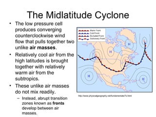 The Midlatitude Cyclone The low pressure cell produces converging counterclockwise wind flow that pulls together two unlike  air masses . Relatively cool air from the high latitudes is brought together with relatively warm air from the subtropics. These unlike air masses do not mix readily. Instead, abrupt transition zones known as  fronts  develop between air masses. http://www.physicalgeography.net/fundamentals/7s.html 