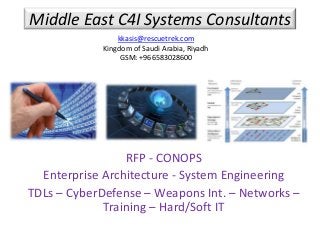 Middle East C4I Systems Consultants
RFP - CONOPS
Enterprise Architecture - System Engineering
TDLs – CyberDefense – Weapons Int. – Networks –
Training – Hard/Soft IT
kkasis@rescuetrek.com
Kingdom of Saudi Arabia, Riyadh
GSM: +966583028600
 