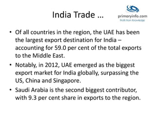 India Trade …
• Of all countries in the region, the UAE has been
the largest export destination for India –
accounting for 59.0 per cent of the total exports
to the Middle East.
• Notably, in 2012, UAE emerged as the biggest
export market for India globally, surpassing the
US, China and Singapore.
• Saudi Arabia is the second biggest contributor,
with 9.3 per cent share in exports to the region.
 