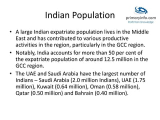 Indian Population
• A large Indian expatriate population lives in the Middle
East and has contributed to various productive
activities in the region, particularly in the GCC region.
• Notably, India accounts for more than 50 per cent of
the expatriate population of around 12.5 million in the
GCC region.
• The UAE and Saudi Arabia have the largest number of
Indians – Saudi Arabia (2.0 million Indians), UAE (1.75
million), Kuwait (0.64 million), Oman (0.58 million),
Qatar (0.50 million) and Bahrain (0.40 million).
 