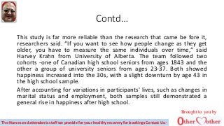 Contd…
This study is far more reliable than the research that came be fore it,
researchers said. “If you want to see how people change as they get
older, you have to measure the same individuals over time,“ said
Harvey Krahn from University of Alberta. The team followed two
cohorts -one of Canadian high school seniors from ages 1843 and the
other a group of university seniors from ages 23-37. Both showed
happiness increased into the 30s, with a slight downturn by age 43 in
the high school sample.
After accounting for variations in participants' lives, such as changes in
marital status and employment, both samples still demonstrated a
general rise in happiness after high school.
Brought to you by
The Nurses and attendants staff we provide for your healthy recovery for bookings Contact Us:-
 