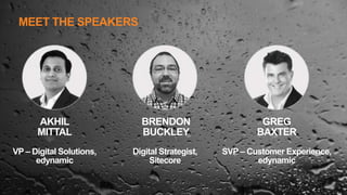 MEET THE SPEAKERS
2
AKHIL
MITTAL
BRENDON
BUCKLEY
GREG
BAXTER
VP – Digital Solutions,
edynamic
Digital Strategist,
Sitecore
SVP – Customer Experience,
edynamic
 