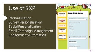 20
Use of SXP
Personalisation
Survey Personalisation
Social Personalisation
Email Campaign Management
Engagement Automation
 