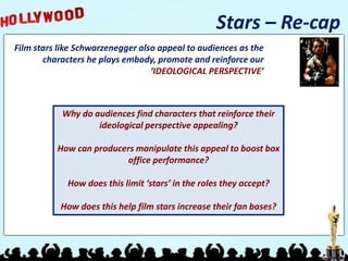 Stars – Re-cap
Film stars like Schwarzenegger also appeal to audiences as the
characters he plays embody, promote and reinforce our
‘IDEOLOGICAL PERSPECTIVE’
Why do audiences find characters that reinforce their
ideological perspective appealing?
How can producers manipulate this appeal to boost box
office performance?
How does this limit ‘stars’ in the roles they accept?
How does this help film stars increase their fan bases?
 