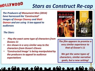 Stars as Construct Re-cap
The Producers of Monument Men (2014)
have harnessed the ‘Constructed’
images of George Clooney and Matt
Damon and are using it too appeal to
audiences
The Stars:
• Play the exact same type of characters from
Oceans 11
• Are shown in a very similar way to the
characters from Ocean’s Eleven
• ‘Constructed Image’ is being manipulated by
the producers to appeal to audience
expectations
The film appears to promise a
very similar experience to
that of Ocean’s 11
We get the same types of
characters, similar narrative
goals, but a new setting!
 