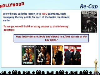 Re-Cap
We will now split the lesson in to TWO segments, each
recapping the key points for each of the topics mentioned
earlier
As we go, we will build an essay answer to the following
question:
How important are STARS and GENRE to a films success at the
box office?
 