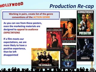 Production Re-cap
Working in pairs, create list of the genre
conventions of the ACTION GENRE
As you can see from these posters,
even the marketing materials are
designed to appeal to audience
EXPECTATIONS
If a film meets our
expectations, we are
more likely to have a
positive experience,
than be left
disappointed
 