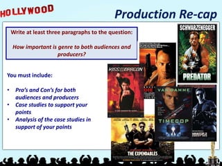 Production Re-cap
Write at least three paragraphs to the question:
How important is genre to both audiences and
producers?
You must include:
• Pro’s and Con’s for both
audiences and producers
• Case studies to support your
points
• Analysis of the case studies in
support of your points
 