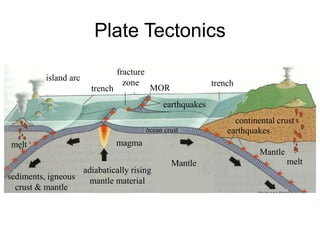 Mantle melt
adiabatically rising
mantle material
magma
MOR
Mantle
sediments, igneous
crust & mantle
island arc
trench
earthquakes
ocean crust earthquakes
continental crust
melt
fracture
zone
trench
Plate Tectonics
 