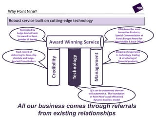 Why Point Nine?<br />Award Winning Service<br />Robust service built on cutting-edge technology<br />ICFA Award for most I...