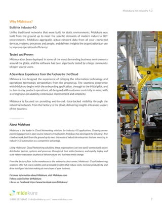 Midokura for Industry 4.0
7
Why Midokura?
Built for Industry 4.0
Unlike traditional networks that were built for static environments, Midokura was
built from the ground up to meet the specific demands of modern industrial IOT
environments. Midokura aggregates actual network data from all your connected
devices, systems, processes and people, and delivers insights the organization can use
to improve operational efficiency.
Tested and Proven
Midokura has been deployed in some of the most demanding business environments
around the globe, and the software has been vigorously tested by a large community
of open source users.
A Seamless Experience from the Factory to the Cloud
Midokura has designed the experience of bridging the information technology and
operations technology perspectives from the ground-up. The seamless experience
with Midokura begins with the onboarding application, through to the initial pilot, and
to day-to-day product operations, all designed with customer-centricity in mind, with
a strong focus on usability, continuous improvement and simplicity.
Midokura is focused on providing end-to-end, data-backed visibility through the
industrial network, from the factory to the cloud, delivering insights into every aspect
of the business.
About Midokura
Midokura is the leader in Cloud Networking solutions for Industry 4.0 applications. Drawing on our
pioneering expertise in open source network virtualization, Midokura has developed the industry’s first
cloud network, built from the ground up to meet the needs of industrial enterprises that are investing in
Industry 4.0 automation as a competitive advantage.
Using Midokura’s Cloud Networking solutions, these organizations can now easily connect and secure
distributed devices, systems and processes throughout their entire business, and rapidly deploy and
scale network resources as physical infrastructure and business needs change.
From the factory floor to the warehouse to the enterprise data center, Midokura’s Cloud Networking
solutions offer full-stack visibility and actionable insights that reduce costs, increase productivity, and
drive intelligent decision making at every layer of your business.
For more information about Midokura, visit Midokura.com
Follow us on Twitter @Midokura
Like us on Facebook https://www.facebook.com/Midokura/
1-888-512-0460 | info@midokura.com | www.midokura.com
 
