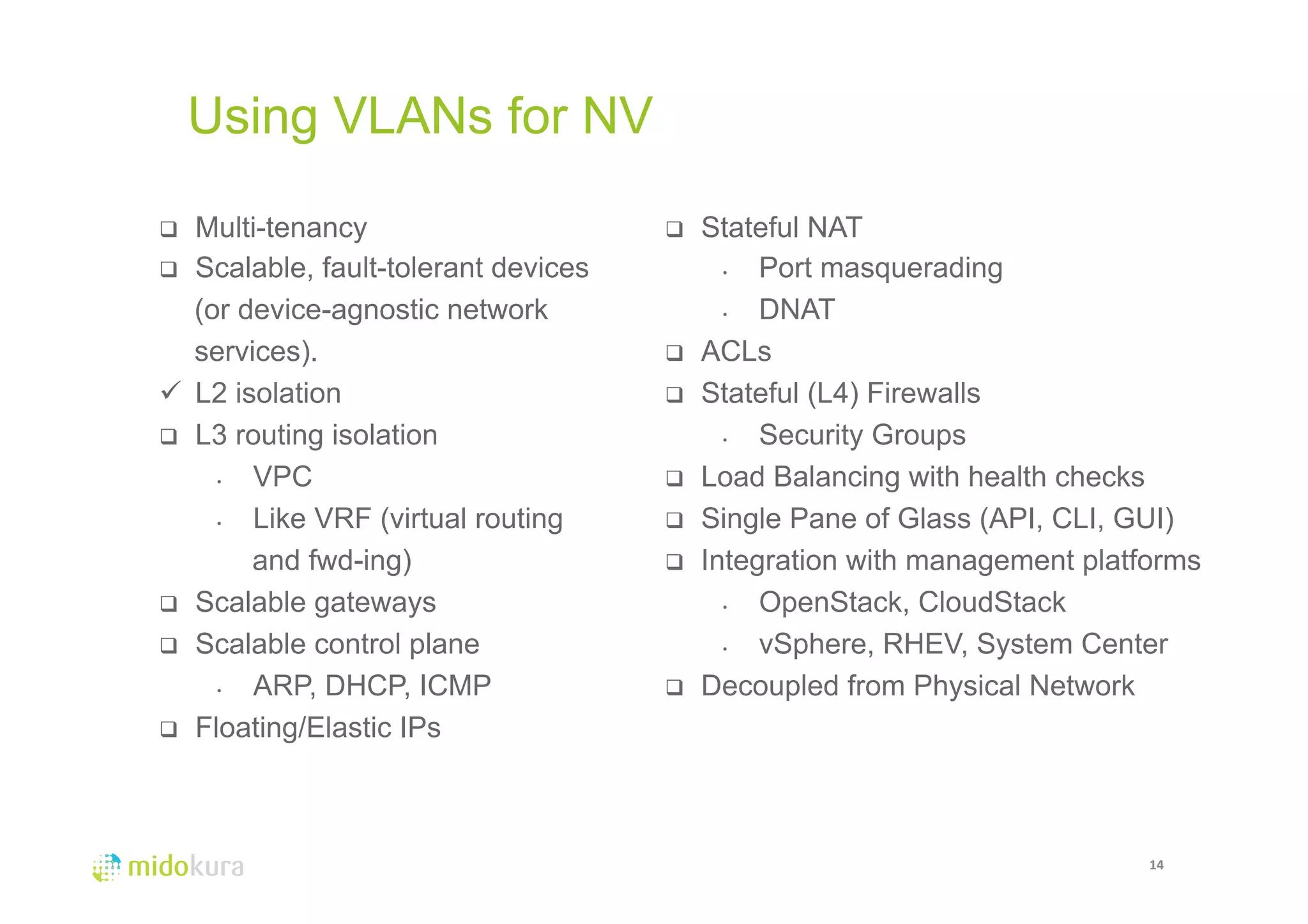 Using VLANs for NV 
14 
q Multi-tenancy 
q Scalable, fault-tolerant devices 
(or device-agnostic network 
services). 
ü L2 isolation 
q L3 routing isolation 
• VPC 
• Like VRF (virtual routing 
and fwd-ing) 
q Scalable gateways 
q Scalable control plane 
• ARP, DHCP, ICMP 
q Floating/Elastic IPs 
q Stateful NAT 
• Port masquerading 
• DNAT 
q ACLs 
q Stateful (L4) Firewalls 
• Security Groups 
q Load Balancing with health checks 
q Single Pane of Glass (API, CLI, GUI) 
q Integration with management platforms 
• OpenStack, CloudStack 
• vSphere, RHEV, System Center 
q Decoupled from Physical Network 
 