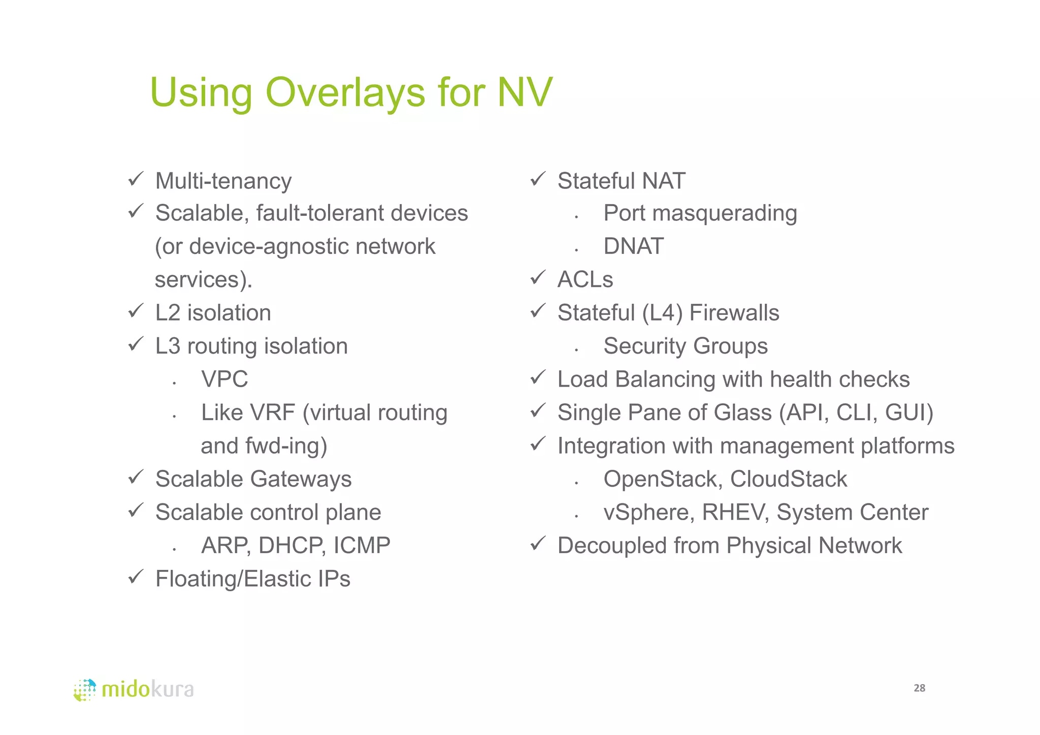 Using Overlays for NV 
28 
ü Multi-tenancy 
ü Scalable, fault-tolerant devices 
(or device-agnostic network 
services). 
ü L2 isolation 
ü L3 routing isolation 
• VPC 
• Like VRF (virtual routing 
and fwd-ing) 
ü Scalable Gateways 
ü Scalable control plane 
• ARP, DHCP, ICMP 
ü Floating/Elastic IPs 
ü Stateful NAT 
• Port masquerading 
• DNAT 
ü ACLs 
ü Stateful (L4) Firewalls 
• Security Groups 
ü Load Balancing with health checks 
ü Single Pane of Glass (API, CLI, GUI) 
ü Integration with management platforms 
• OpenStack, CloudStack 
• vSphere, RHEV, System Center 
ü Decoupled from Physical Network 
 