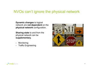 NVOs can’t ignore the physical network 
47 
Dynamic changes to logical 
network are not dependent on the 
physical network configuration. 
Sharing state to and from the 
physical network can be 
supplementary. 
- Monitoring 
- Traffic Engineering 
 