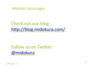 55 
MidoNet 
Advantages 
# 
Check 
out 
our 
blog: 
hjp://blog.midokura.com/ 
Follow 
us 
on 
Twijer: 
@midokura 
 