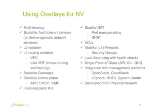 Using Overlays for NV 
28 
ü Multi-tenancy 
ü Scalable, fault-tolerant devices 
(or device-agnostic network 
services). 
ü L2 isolation 
ü L3 routing isolation 
• VPC 
• Like VRF (virtual routing 
and fwd-ing) 
ü Scalable Gateways 
ü Scalable control plane 
• ARP, DHCP, ICMP 
ü Floating/Elastic IPs 
ü Stateful NAT 
• Port masquerading 
• DNAT 
ü ACLs 
ü Stateful (L4) Firewalls 
• Security Groups 
ü Load Balancing with health checks 
ü Single Pane of Glass (API, CLI, GUI) 
ü Integration with management platforms 
• OpenStack, CloudStack 
• vSphere, RHEV, System Center 
ü Decoupled from Physical Network 
 