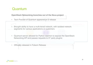 Quantum 
37 
OpenStack Networking branches out of the Nova project! 
! 
• Tech Preview of Quantum appeared in D release# 
# 
• Brought ability to have a multi-tiered network, with isolated network 
segments for various applications or customers# 
• Quantum-server allowed for Python daemon to expose the OpenStack 
Networking API and passes requests to 3rd party plugins# 
• Officially released in Folsom Release# 
 