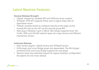 Latest 
Neutron 
Features 
40 
Havana Release Brought:! 
• LBaaS: shipped an updated API and HAProxy driver support# 
• VPNaaS: VPN API supports IPSec and L3 agent ships with an 
OpenSwan driver# 
• FWaaS: enables tenant to configure security at the edge via the 
firewall API and on the VIF via the security group API# 
• New plug-in Modular Layer 2 (ML2): ML2 plugin supports local, flat, 
VLAN, GRE and VXLAN network types via a type drivers and different 
mechanism drivers # 
Icehouse Release:! 
• New vendor plugins, LBaaS drivers and VPNaaS drivers# 
• OVS plugin and Linux Bridge plugin are deprecated: The ML2 plugin 
combines OVS and Linux Bridge support into one plugin# 
• Neutron team has extended support for legacy Quantum configuration 
file options for one more release# 
 