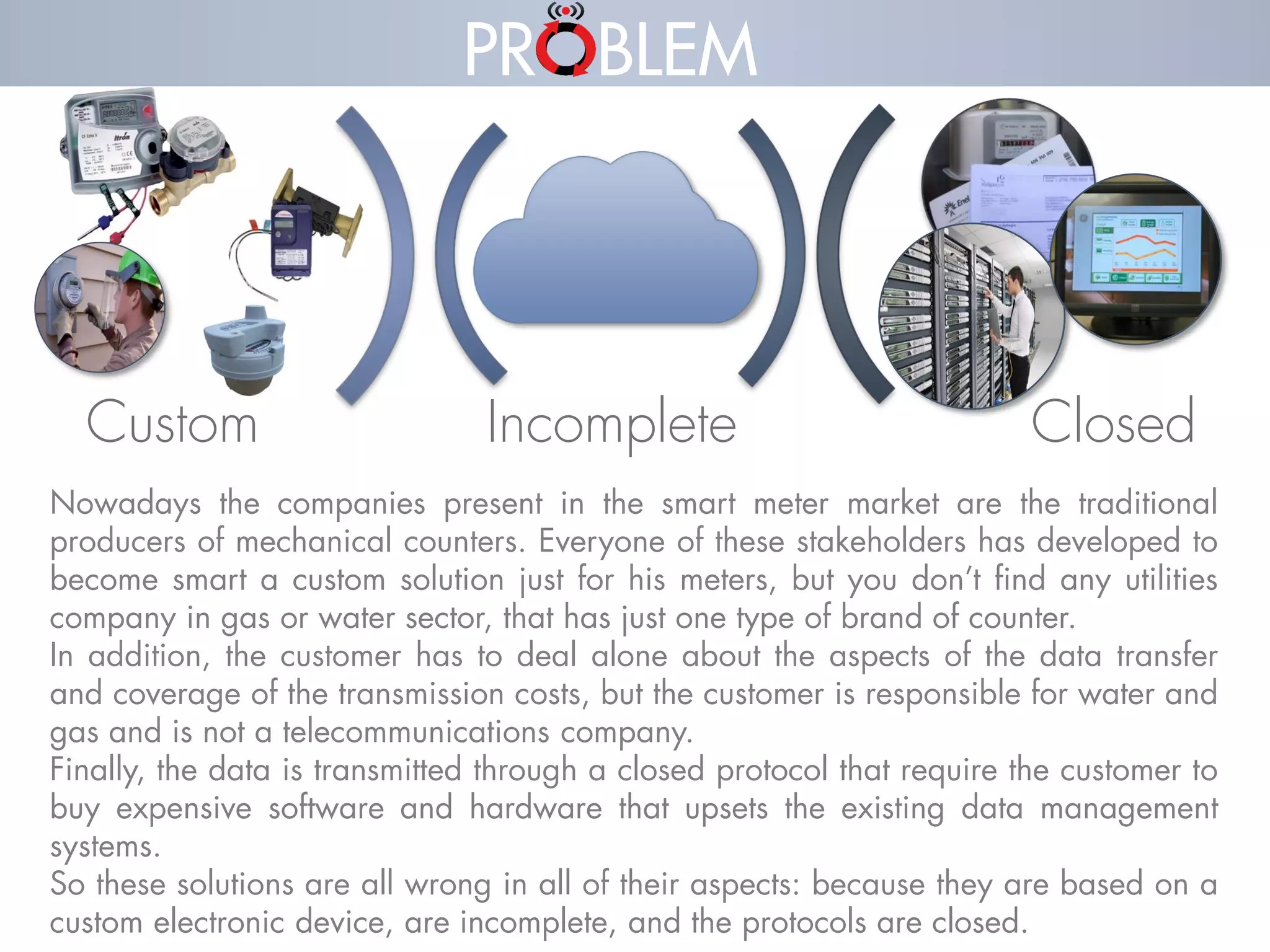 S LUZIONI PRESENTI 
PR BLEM 
Custom 
Incomplete 
Closed 
Nowadaysthecompaniespresentinthesmartmetermarketarethetraditionalproducersofmechanicalcounters.Everyoneofthesestakeholdershasdevelopedtobecomesmartacustomsolutionjustforhismeters,butyoudon’tfindanyutilitiescompanyingasorwatersector,thathasjustonetypeofbrandofcounter. 
Inaddition,thecustomerhastodealaloneabouttheaspectsofthedatatransferandcoverageofthetransmissioncosts,butthecustomerisresponsibleforwaterandgasandisnotatelecommunicationscompany. 
Finally,thedataistransmittedthroughaclosedprotocolthatrequirethecustomertobuyexpensivesoftwareandhardwarethatupsetstheexistingdatamanagementsystems. 
Sothesesolutionsareallwronginalloftheiraspects:becausetheyarebasedonacustomelectronicdevice,areincomplete,andtheprotocolsareclosed.  