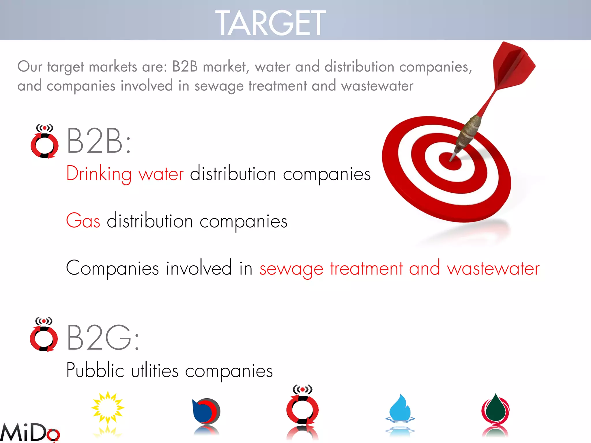 TARGET 
B2B: 
Drinkingwater distributioncompanies 
Gas distributioncompanies 
Companies involvedin sewagetreatment and wastewater 
B2G: 
Pubblicutlitiescompanies 
Our target markets are: B2B market, water and distribution companies, and companies involved in sewage treatment and wastewater  