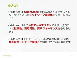 Confidential
まとめ
ü MidoNet  は  OpenStack  をはじめとするクラウドを
ターゲットとしたネットワーク仮想化ソリューション
です
ü MidoNet  はその分散アーキテクチャにより、クラウ
ドに拡張性、⾼高可⽤用性、⾼高パフォーマンスをもたらし
ます
ü MidoNet  はそのエコシステムを現在も拡⼤大しており、
様々なパートナー企業様との組合せでご利利⽤用頂けます
30	
  
 