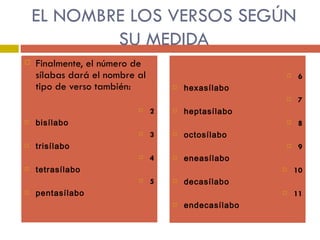 EL NOMBRE LOS VERSOS SEGÚN SU MEDIDA Finalmente, el número de sílabas dará el nombre al tipo de verso también:   2 bisílabo 3 trisílabo 4 tetrasílabo 5 pentasílabo 6 hexasílabo 7 heptasílabo 8 octosílabo 9 eneasílabo 10 decasílabo 11 endecasílabo 