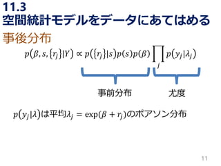 11.3 空間統計モデルをデータにあてはめる 
푝훽,푠,푟푗|푌∝푝푟푗|푠푝푠푝훽 푗 푝푦푗|휆푗 
푝푦푗|휆は平均휆푗=exp(훽+푟푗)のポアソン分布 
11 
事後分布 
事前分布 
尤度  