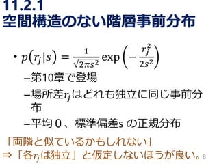 「両隣と似ているかもしれない」 
⇒「各푟푗は独立」と仮定しないほうが良い。 
11.2.1 空間構造のない階層事前分布 
•푝푟푗|푠= 12휋푠2exp− 푟푗 22푠2 
–第10章で登場 
–場所差푟푗はどれも独立に同じ事前分 布 
–平均０、標準偏差s の正規分布 
8 
 