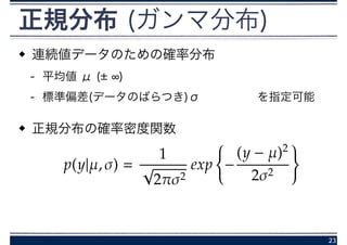 正規分布 (ガウス分布)
連続値データのための確率分布
- 平均値 μ ( )
- 標準偏差(データのばらつき)σ を指定可能
正規分布の確率密度関数
23
 
