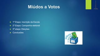 Miúdos a Votos
 1ª Etapa: inscrição da Escola
 2ª Etapa: Campanha eleitoral
 3ª etapa: Eleições
 Conclusões
biblioteca
Centro de Recursos
e.b. 1,2,3 de gondifelos
agrupamento de escolasde gondifelos
 