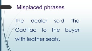 Misplaced phrases
The

dealer

sold

the

Cadillac to the buyer
with leather seats.

 
