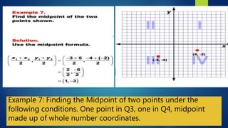 Example 7: Finding the Midpoint of two points under the
following conditions. One point in Q3, one in Q4, midpoint
made up of whole number coordinates.
 
