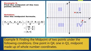 Example 9: Finding the Midpoint of two points under the
following conditions. One point in Q4, one in Q1, midpoint
made up of whole number coordinates.
 