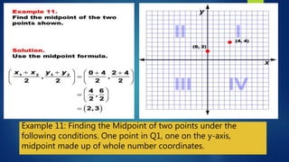 Example 11: Finding the Midpoint of two points under the
following conditions. One point in Q1, one on the y-axis,
midpoint made up of whole number coordinates.
 